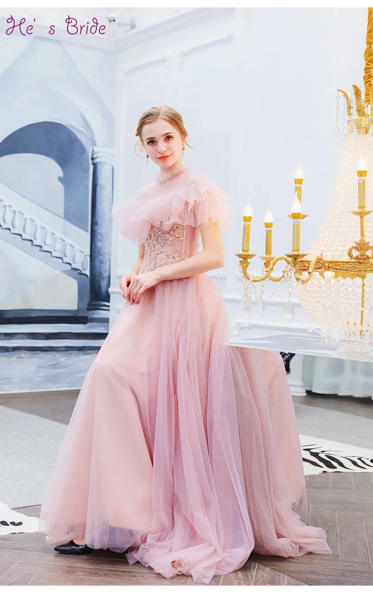 Женское платье для выпускного It's Bride розовое романтичное с высокой горловиной