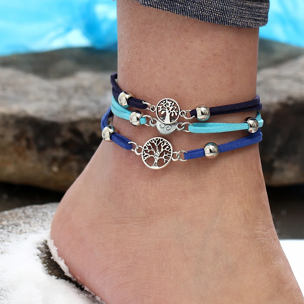 3 шт./компл. Цвет: старое серебро дерево браслет лодыжки кожаная цепочка для ног