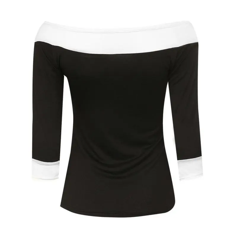 

Autumn Knitted T-Shirts Women Slash Neck Casual Patchwork Pullover T Shirt Winter Three Quarter Sleeve Tops