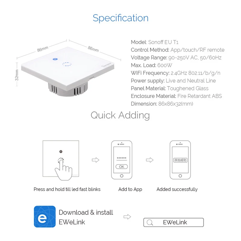 Itead Sonoff Touch/T1 EU Wifi настенный сенсорный выключатель 1 комплект 1 способ беспроводной дистанционный светильник релейное управление приложение работа с Alexa Google Home