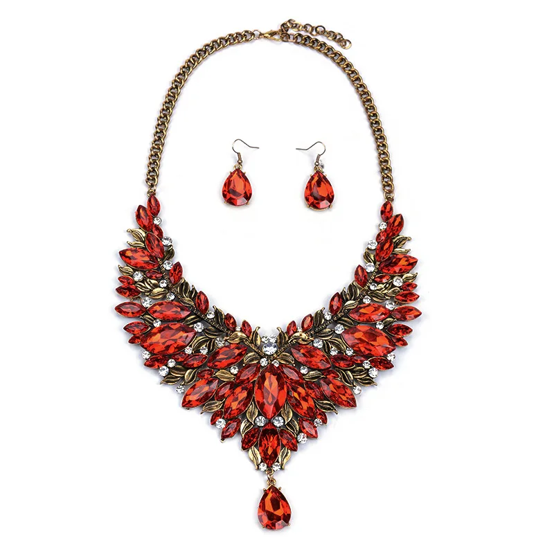 4 colors Fashion Womens Necklace With Earring Crystal Chunky Choker Necklaces Statement Jewelry |
