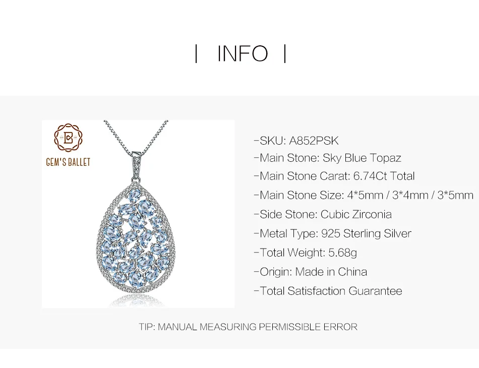 Балетное ожерелье для женщин, 6.74Ct, натуральный голубой топаз, 925 пробы, серебро, драгоценный камень, ожерелье для свадьбы, хорошее ювелирное изделие