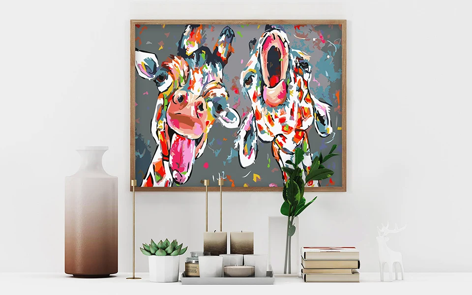 Vrolijk Schilderij Wall Art Холст Картина маслом по номерам Жираф Животные расписанные картины Домашний Декор без рамки