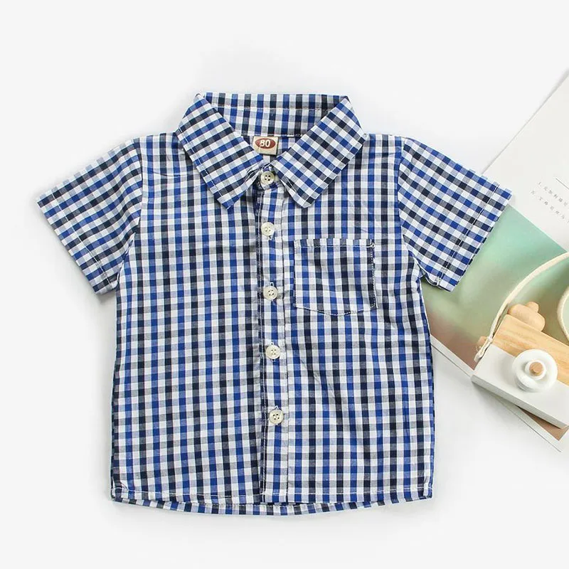Модная летняя рубашка для мальчиков детские рубашки с принтом из мультфильмов хлопковая клетчатая рубашка с короткими рукавами для маленьких мальчиков, детская одежда 75-105 см - Цвет: B