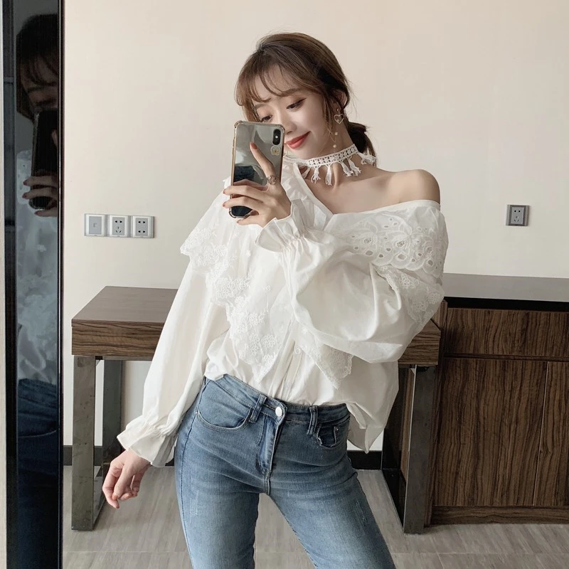 

HziriP 2019 Korean Chic Top New Elegant White Fresh Lantern Sleeves Vintage V-Neck Fashion Solid Shirt Office Lady Women Shirt
