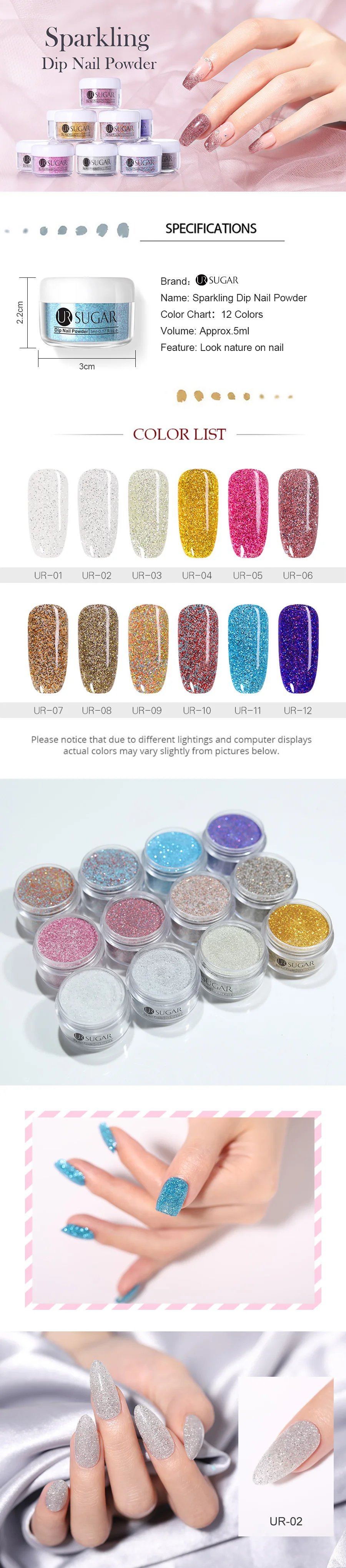UR SUGAR 5pcs Dipping Nail Glitter Powder Kits Without Lamp Cure Dip System French Manicure with Base Activator Liquid Gel Set