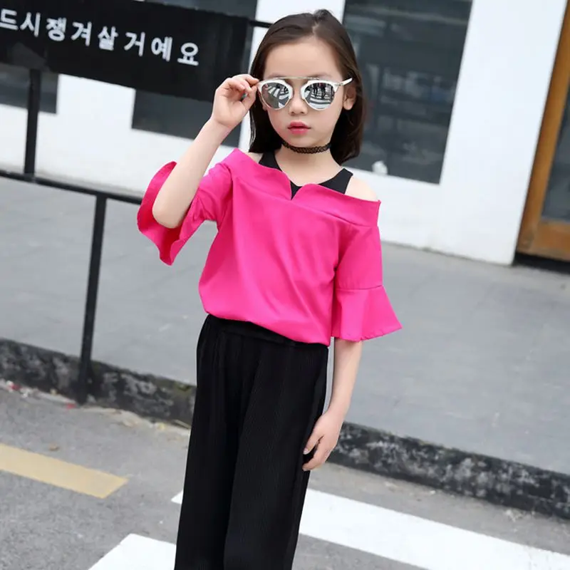 2017 детская одежда девушки летом новый костюм a слово плечо топы + широкие Брюки