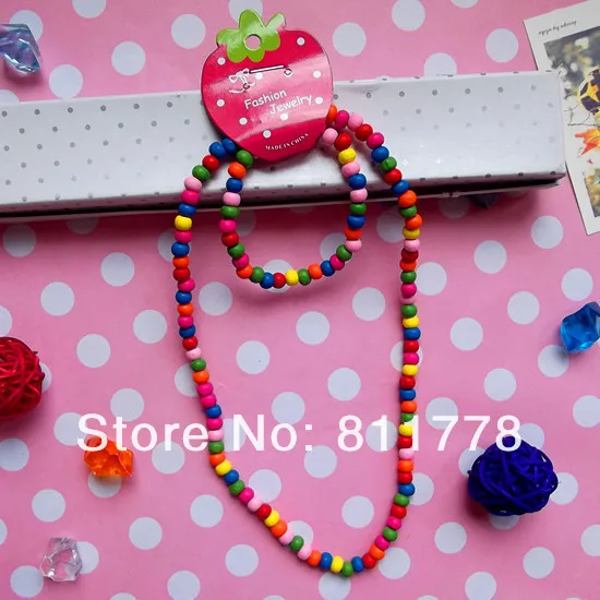 2set New Elastic Rope Children Wood Beads Necklace Cute Flower Combination Environmental Beautiful Gifts bracelet | Украшения и