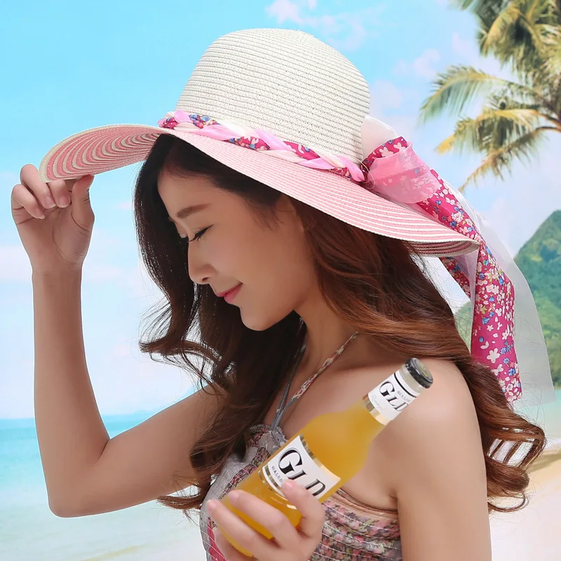 

Summer Women's Sunshade Hats Seaside Resort Big Bowknot Caps Wide Brim Fioppy Cap Beach Sun Protection Straw Women Hat H004