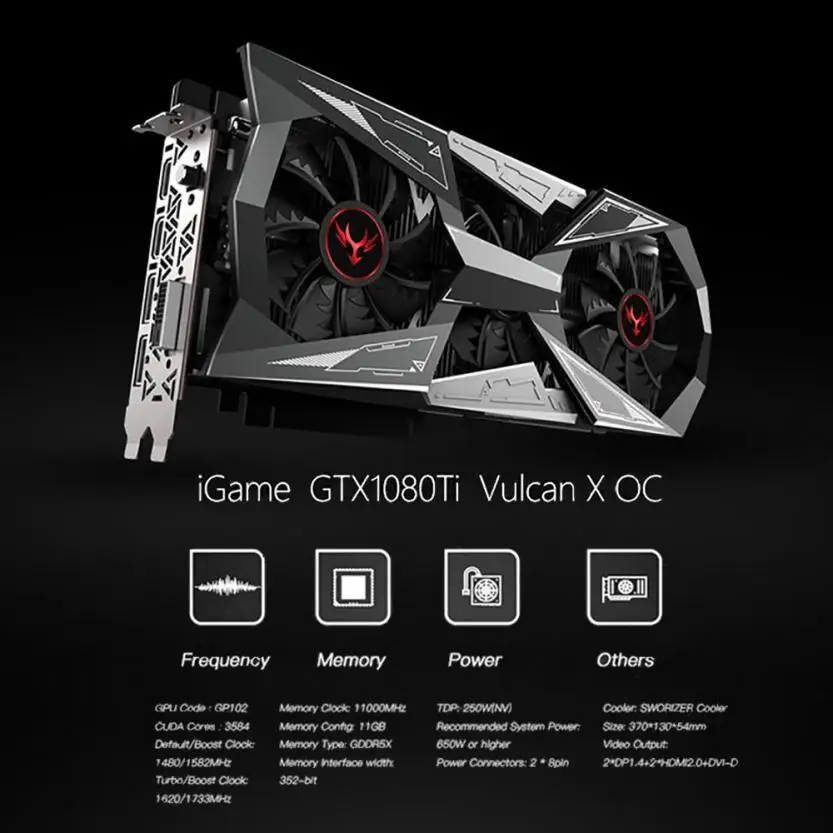 Цветной видеокарта IGame GTX1080Ti Vulcan X OC GPU 1620 1733 МГц 11 г 352bit SLI VR готовый ЖК монитор