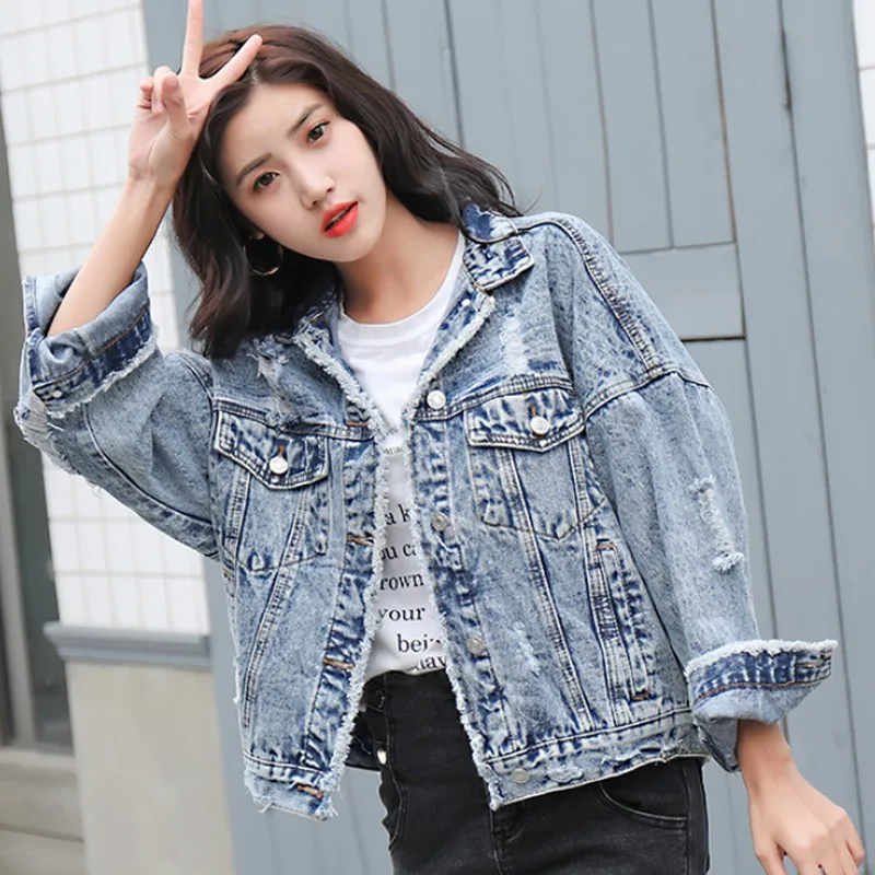 Женская джинсовая куртка с дырками рыхлый щеткой в Корейском стиле уличная