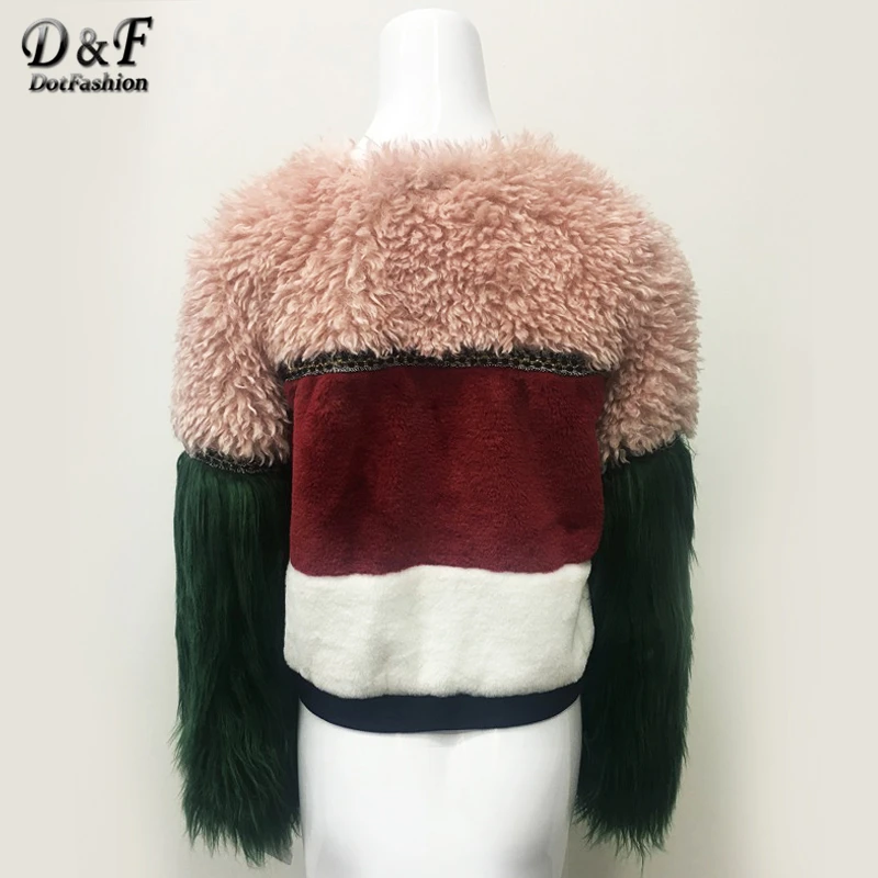 Dotfashion, на молнии, с цветным блоком, из искусственного меха, плюшевое пальто, женская Повседневная зимняя одежда с длинными рукавами, Женская разноцветная верхняя одежда на выход