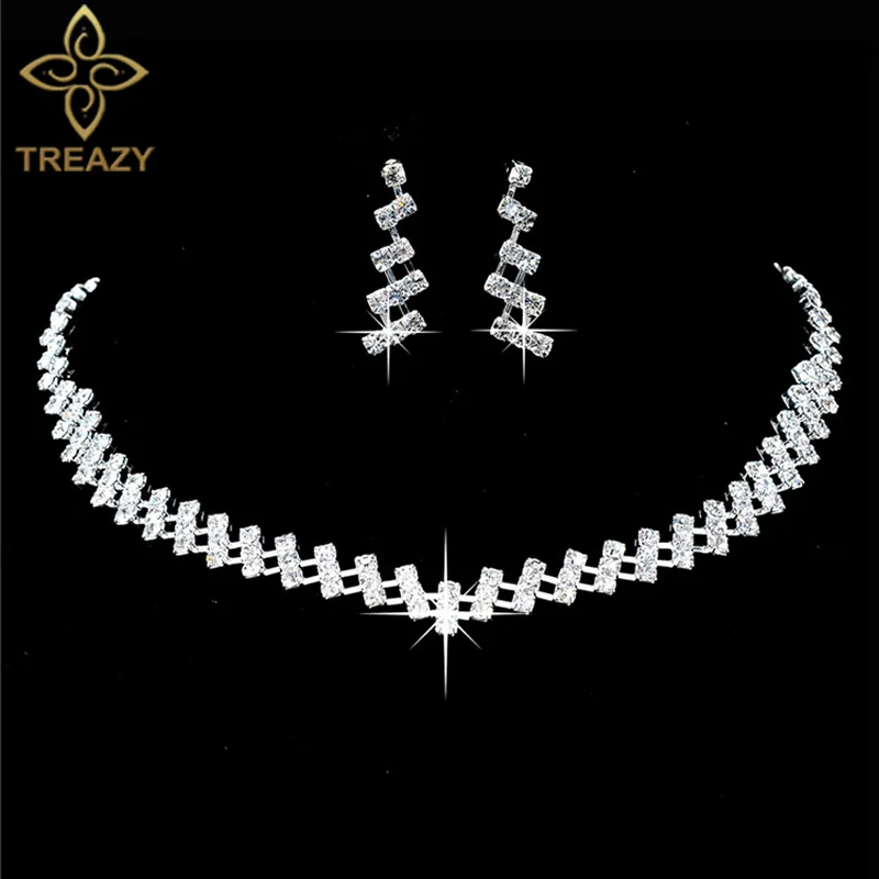 TREAZY СВЕРКАЮЩИЕ СЕРЕБРЯНЫЕ Стразы Кристалл Свадебное колье ожерелье серьги женские свадебные ювелирные изделия набор невесты свадебные украшения подарок