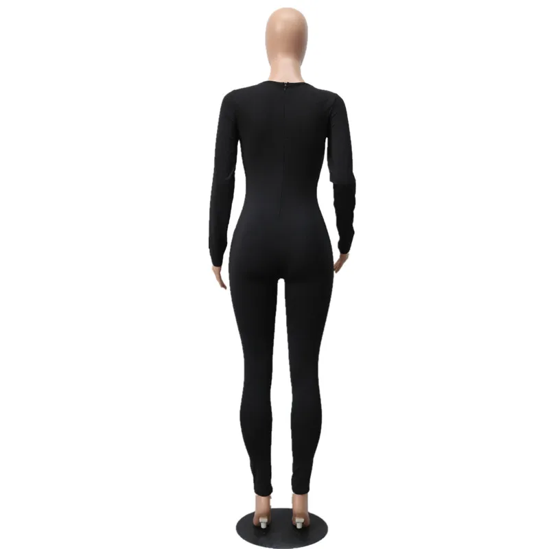 

High Quality 2020 Autumn Women Sexy Black Long Jumpsuit Skinny Bodysuit Elastic Milk Silk Bodycon Party Night Club Ladies Romper
