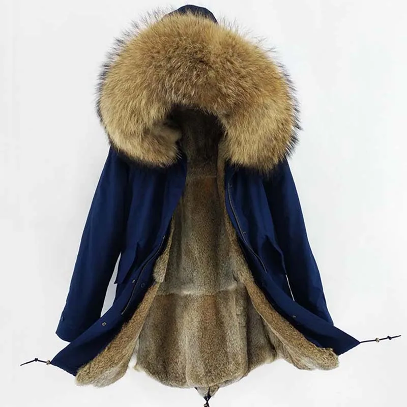 Navy Coat Long Мужская парка с натуральным кроличьим мехом с большим воротником из натурального енота, высокое качество, новинка, модная мужская зимняя верхняя одежда, куртка - Цвет: Navy Coat Long