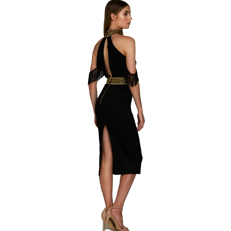 Лето женщины черный o шеи с плеча кисточкой колен вырезать повязку dress вечер bodycon