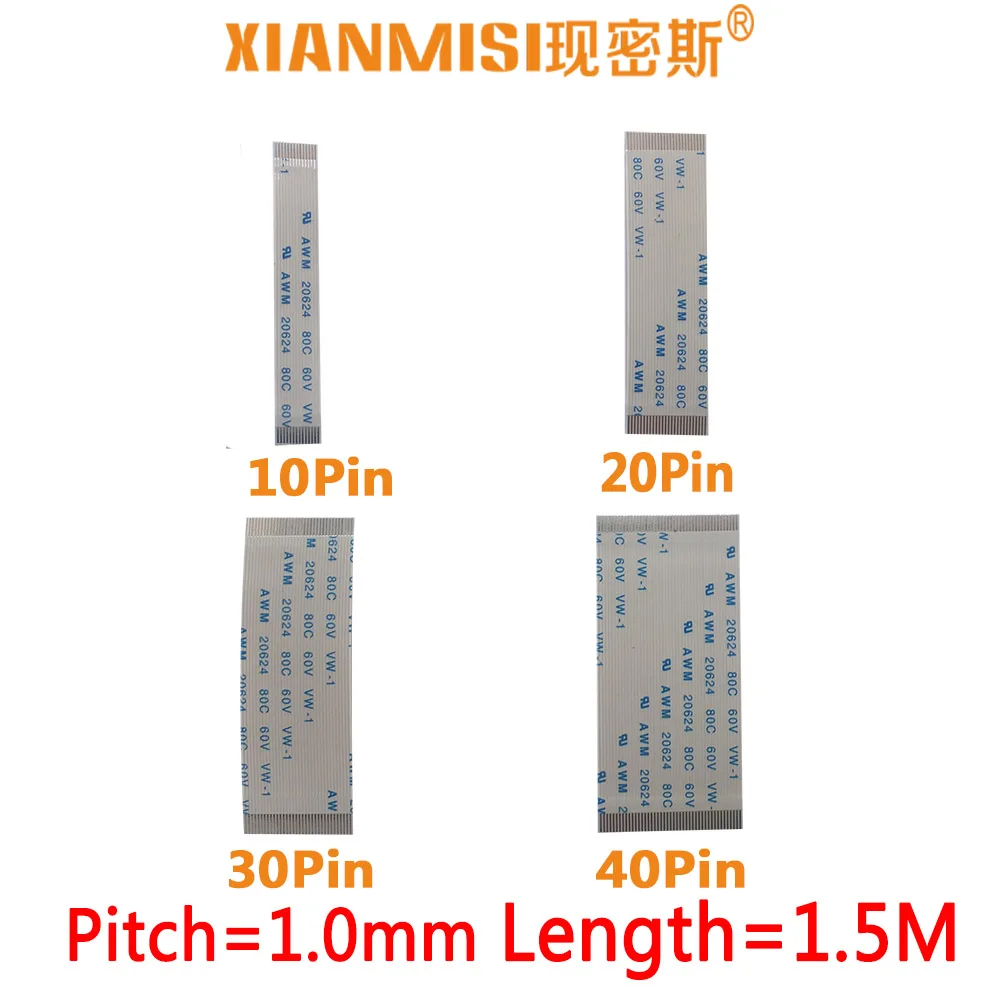 

FFC/FPC Flat Flex Extension Cable 10Pin 20Pin 30Pin 40Pin Same Side 1.0mm Pitch AWM VW-1 20624 20798 60V Length 1.5M 5PCS