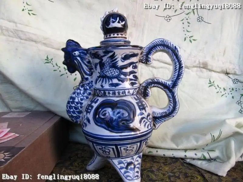 Бесплатная доставка 14 &quotКитайский винтажный синий и белый фарфор куриный чайник