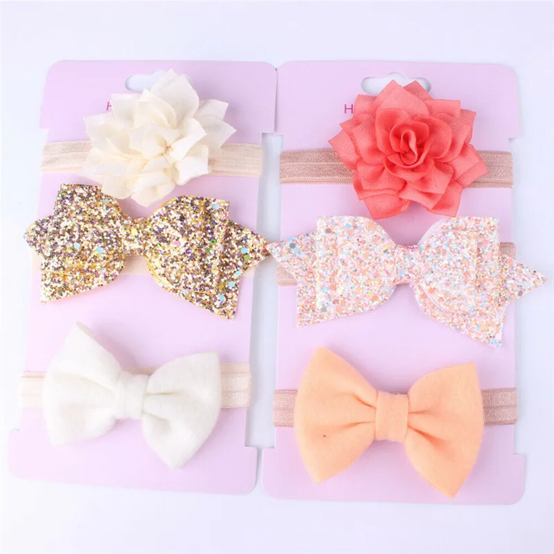 New Princess 3Pcs/set Infant Baby Girls Bow Headband Floral Glitter Elastic Headbands Cute Headwear Hair Accessories | Детская одежда и