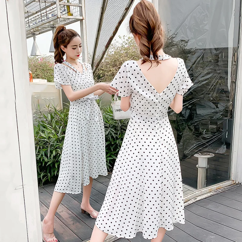 Элегантное шифоновое женское платье в горошек с круглым вырезом коротким