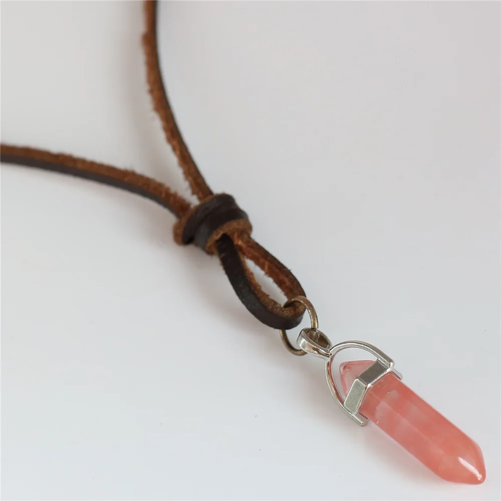 

Handmade Brown Genuine Top Leather Rope Sweater Chain Pink Pillar Stone Pendant Necklace Men Women Homme Male Cowboy Jewelry
