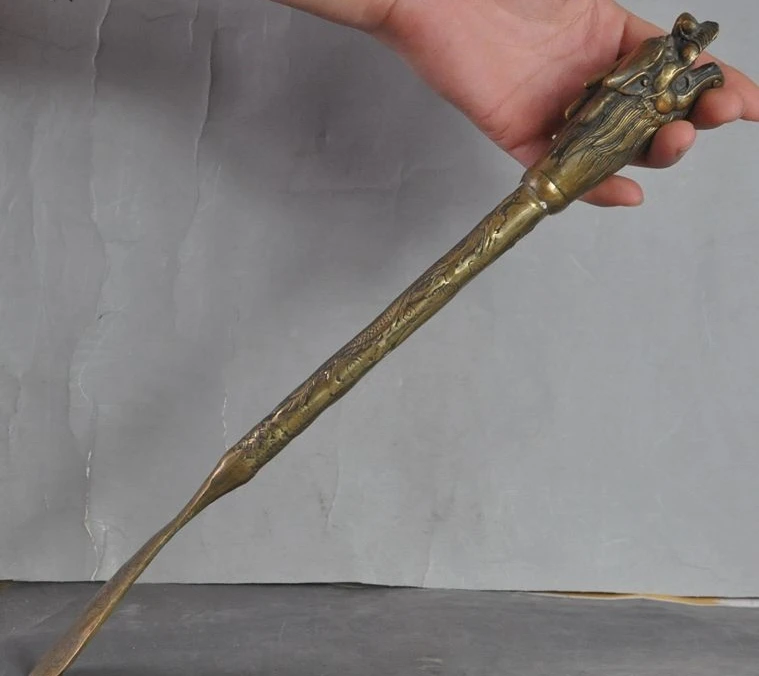 

15" Old Chinese Fengshui Pure Bronze Copper Lucky Animal Dragon Statue Shoehorn