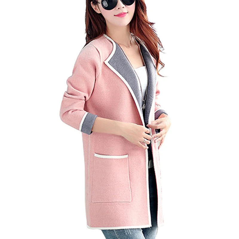 Женский вязаный кардиган лоскутного покроя облегающий с длинными рукавами и