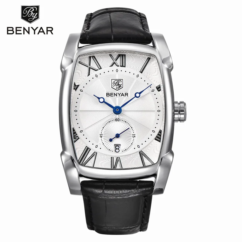 Silver Black No Box Мужские наручные часы BENYAR, мужские часы, Лидирующий бренд, Роскошные Кварцевые часы Montre Homme, кожа, военные водонепроницаемые спортивные мужские часы - Цвет: Silver Black No Box