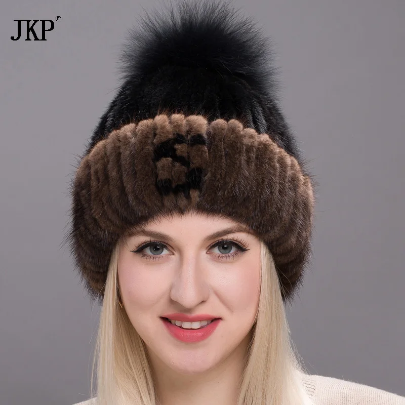 Шапка из натурального меха норки шапка ручной вязки мрамора женская теплая