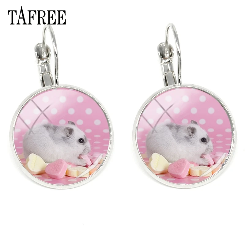 

TAFREE Hamster Clip Earrings Fashion Silver Color Glass Cabochon Dome Handmade Art Pattern Women Girls Friendship Jewelry QF528