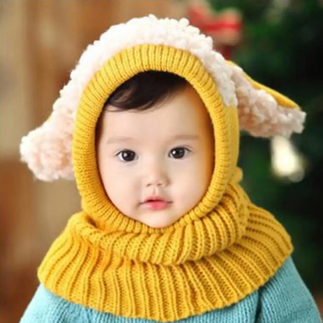 Winter Baby Hat and Scarf Joint With Dog Style Crochet Knitted Caps for Infant Boys Girls Children New Fashion Kids Neck Warmer | Детская