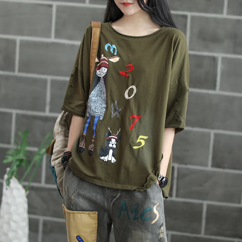 Армейский зеленый 4 цвета свободная футболка с принтом из мультфильма для отдыха