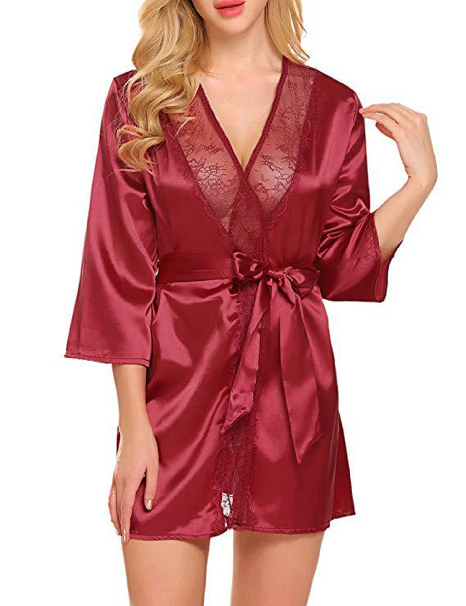 DIFF крутой женский сексуальный шелковый халат Babydoll кружевное белье с поясом банный халат Ночное белье женский сексуальный халат размера плюс