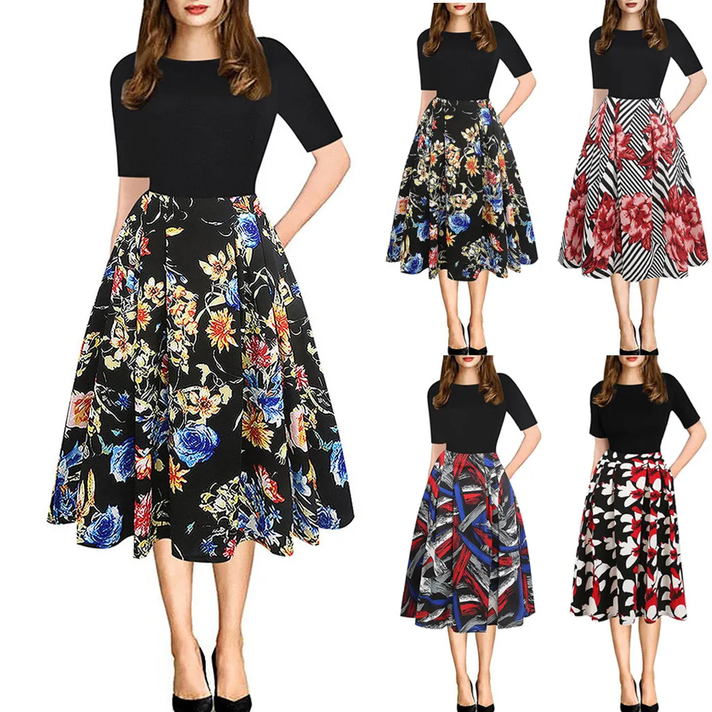 Платье женское вечернее ТРАПЕЦИЕВИДНОЕ с цветочным принтом коротким рукавом и