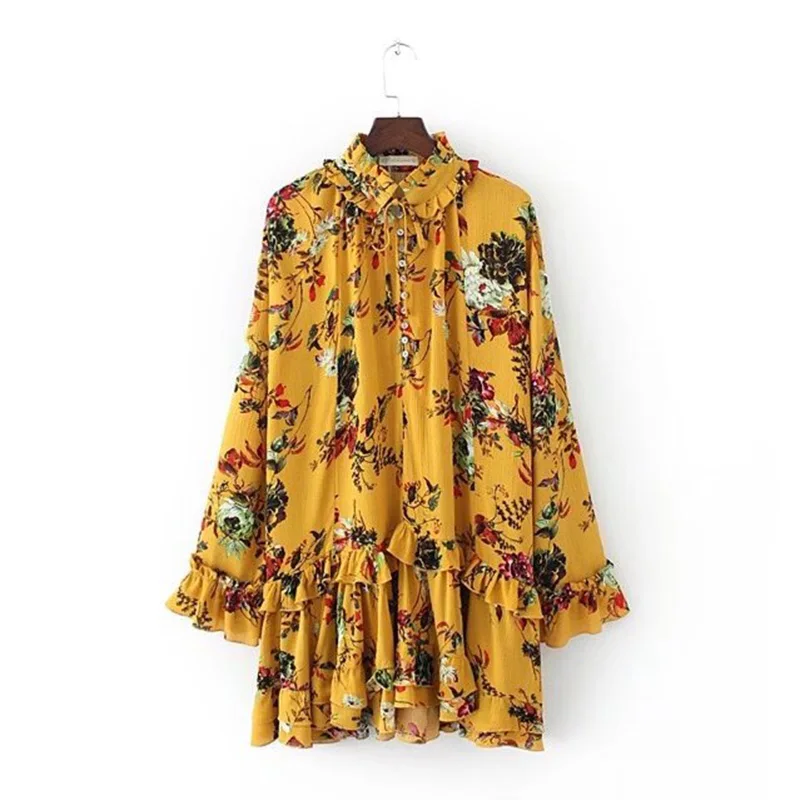 2017 New Fashion Short Mini Dress Women Casual Long Sleeve Ruffles Print Female Loose Floral Vestidos Robe | Женская одежда