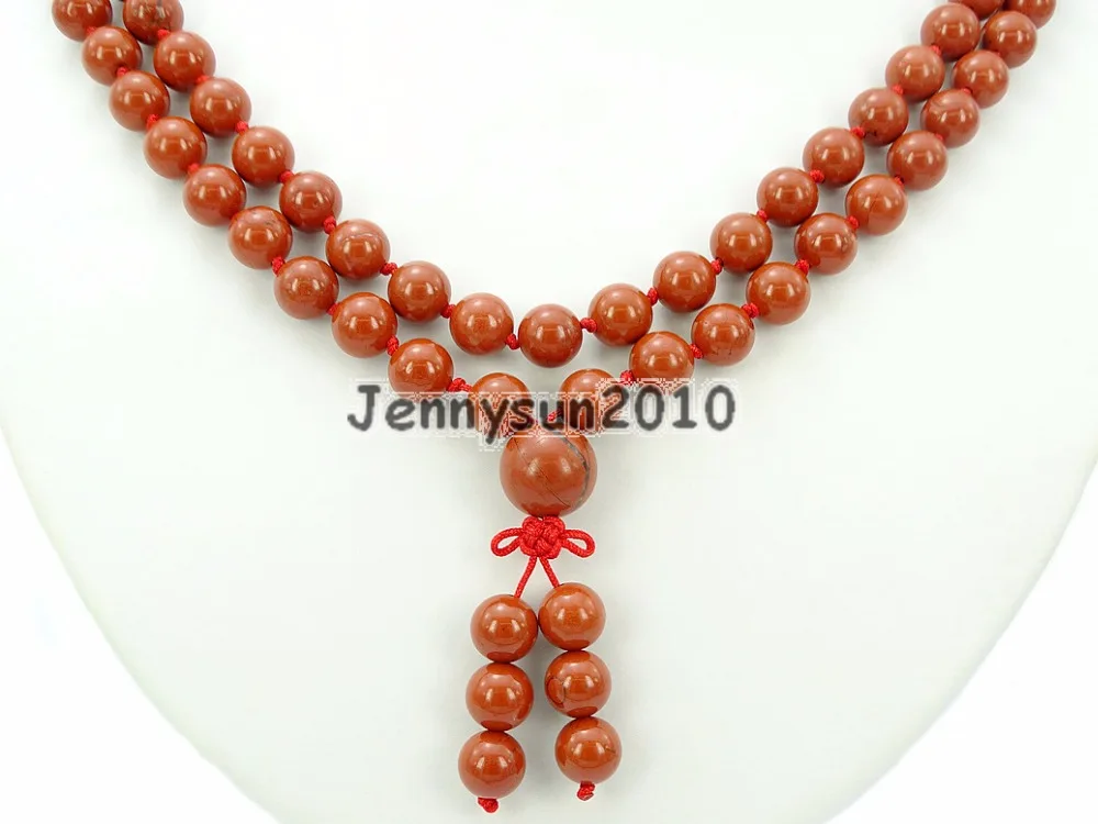 

Natural Red Ja-sper 8mm Gems Stone Buddhist 108 Beads Prayer Mala Knot Necklace Multi-Purpose 5Strands/Pack