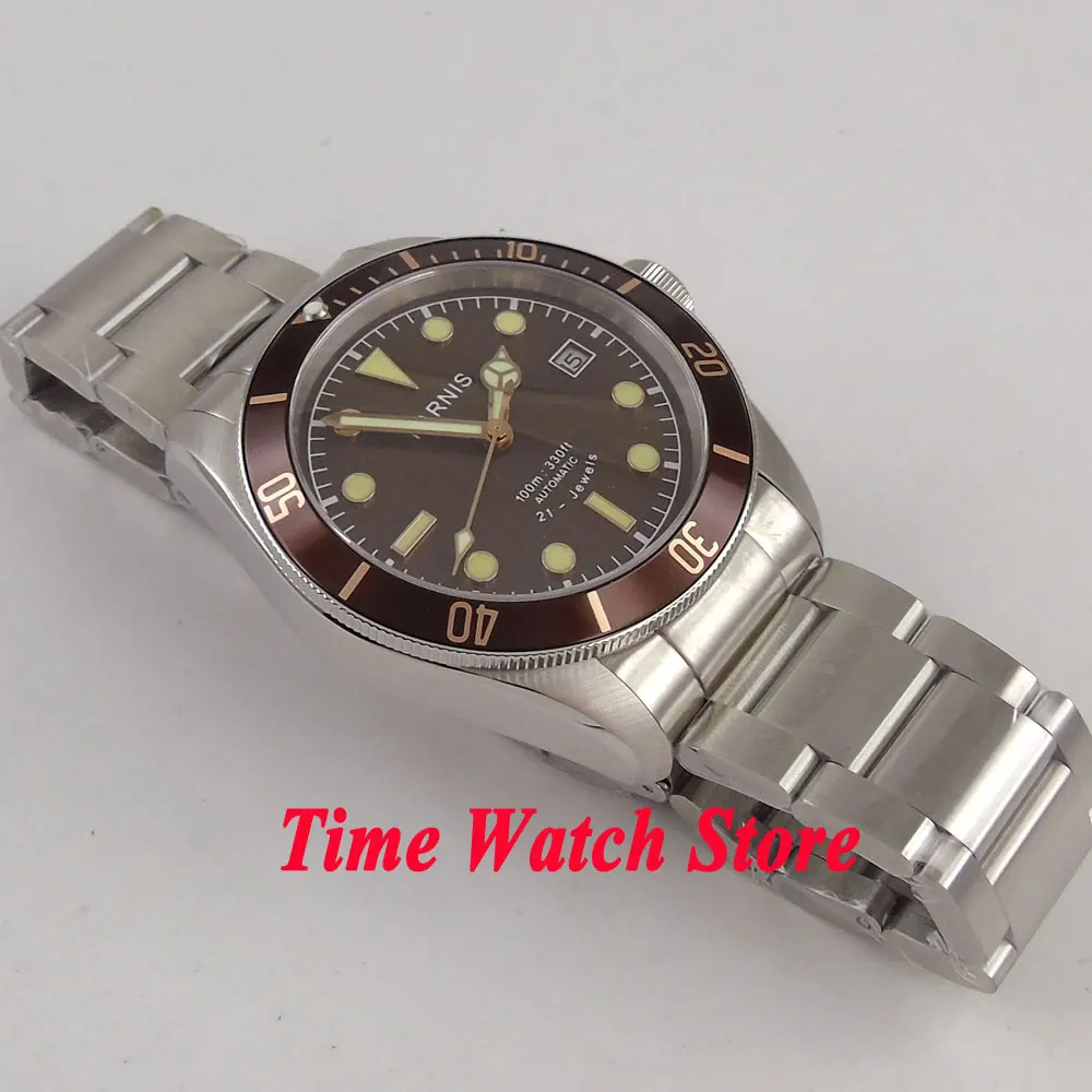 Мужские светящиеся часы PARNIS Miyota 21jewels 10ATM с коричневым циферблатом и