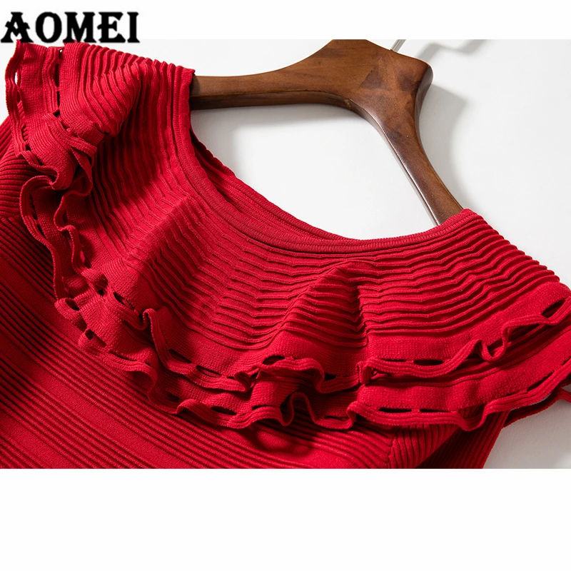 Женское рождественское платье вязаное тонкое с рюшами темно синий красный цвет