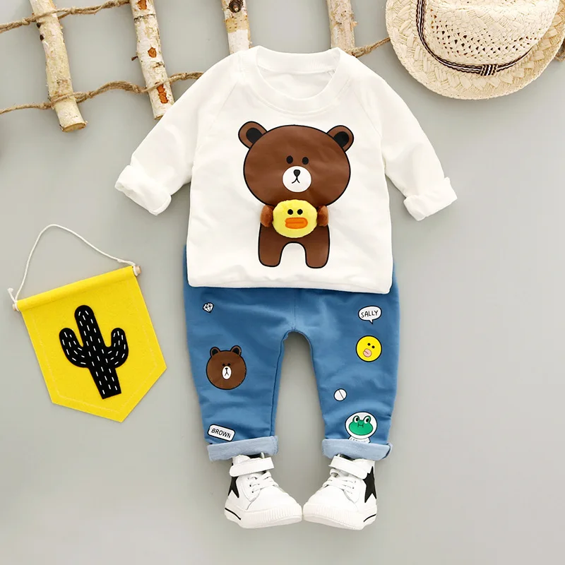 New Winter Baby Boys Long Sleeve Cute bear Fleece Hoodies Sweatshirt + Casual Trousers Kids Girls Two Pieces Suits Clothing Sets | Детская