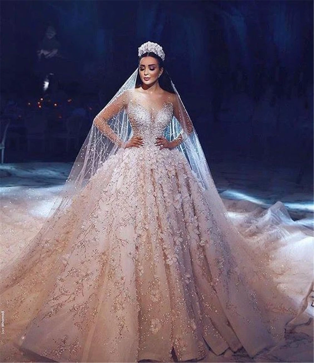 Dubai Luxury Wedding Dresses Unique Lace Party Dresses Luxury Cathedral Royal Train Lace Vestido De Noiva SWL014 Bridal Gown