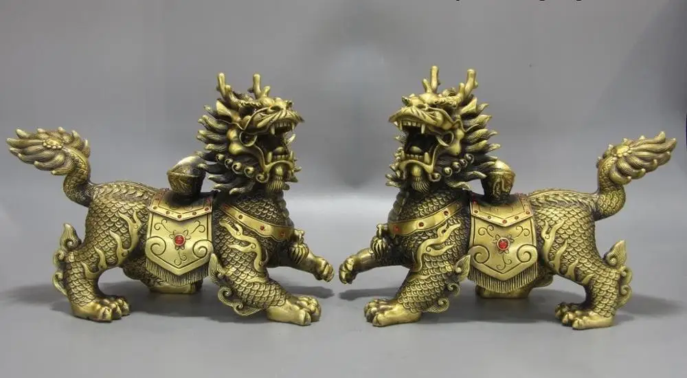 

Chinese Palace Brass Yuanbao Dragon Phoenix Fu Foo Dog Lion Kirin kylin Statue