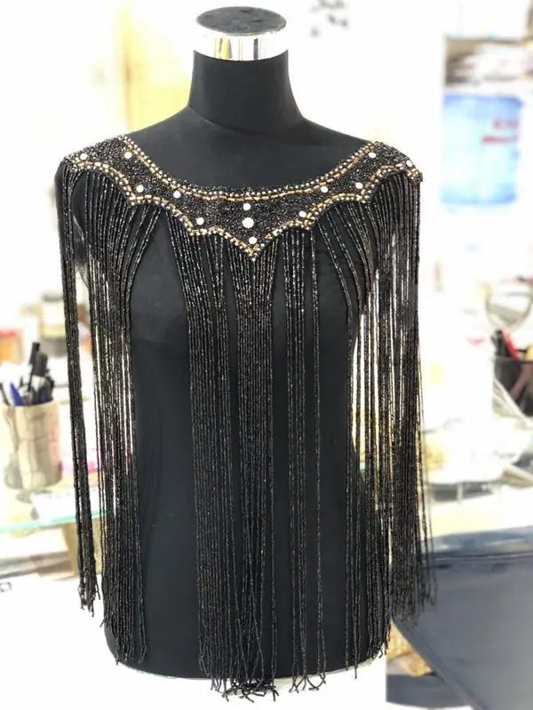 

hot sale new wedding embroidered crystal beaded tassels collar appliques mneckline with 50cm fringe trim