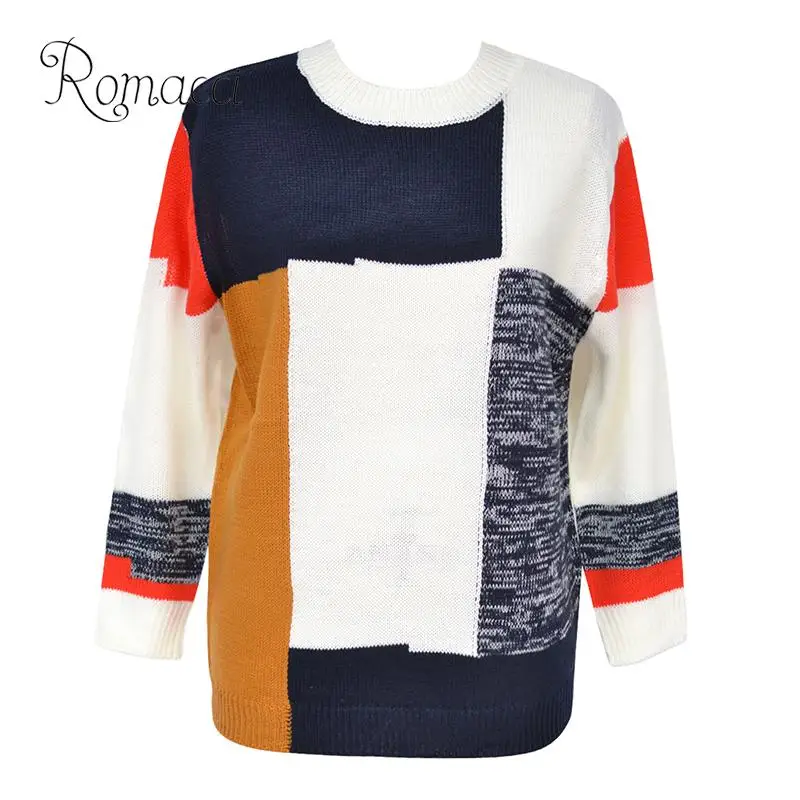Romacci Warm Winter Sweaters and Pullovers Autumn Women Knit Sweater Multicolor Block O-Neck Long Sleeve Loose Casual Pullover | Женская