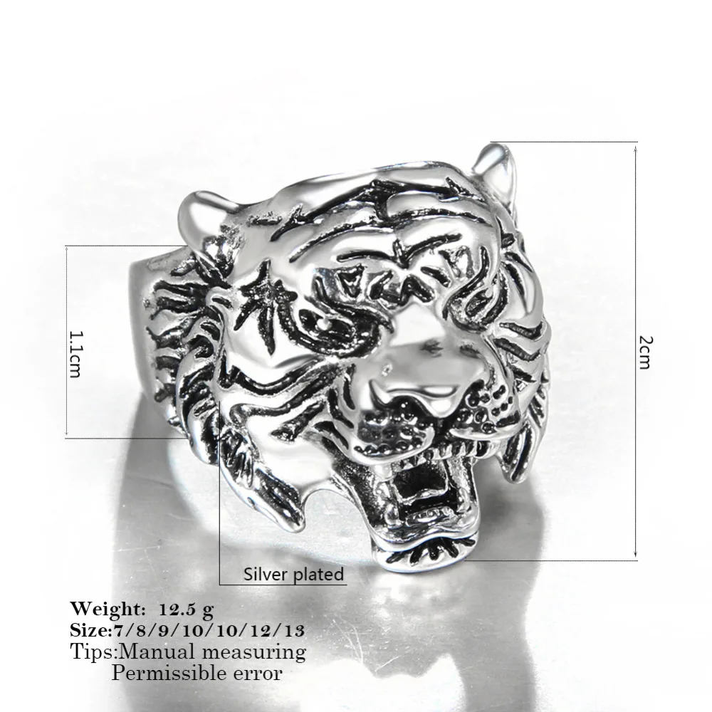 Men's Ring Biker Finger Rings European Gothic Punk Retro Style Animal Tiger Head Antique silver Color Statement For Men | Украшения и