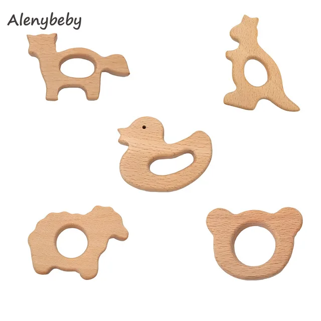 Alenybeby Organic Baby Teething Toy Natural Handmade Unfinished Beech Wooden Animal Shape Teether DIY Baby Shower Hexagon 