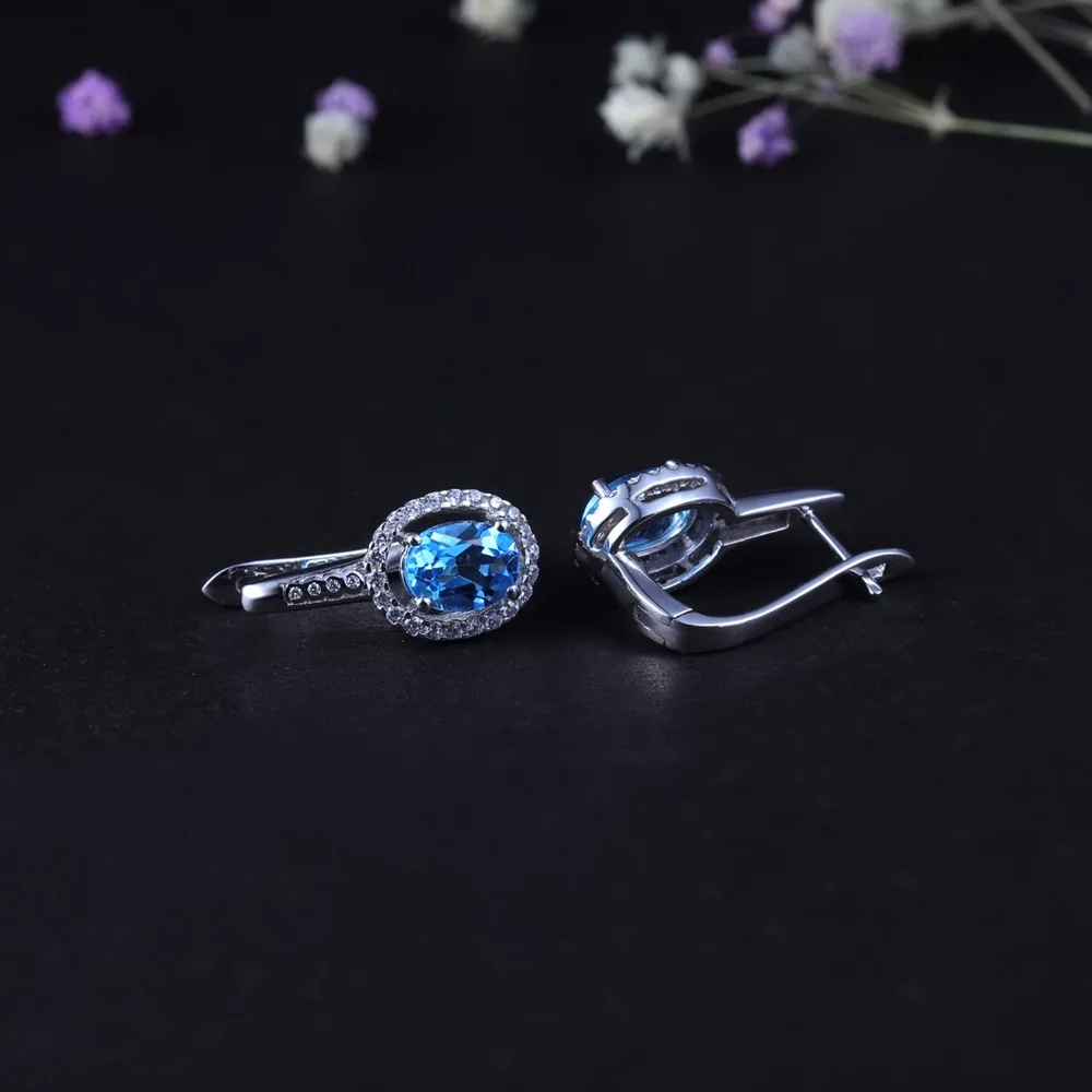 Серьги-гвоздики женские из серебра 925 пробы с натуральным голубым топазом карата