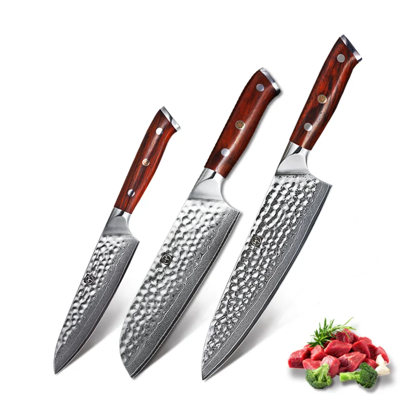 FANGZUO, 3 шт., профессиональные кухонные ножи, наборы японских кованых ножей из дамасской стали, ножи шеф-повара сантоку, нож из нержавеющей стали для нарезки - Цвет: FU-3PCS