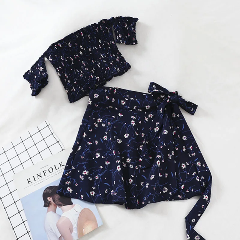 FTLZZ/комплект из двух предметов с цветочным принтом женский короткий топ вырезом