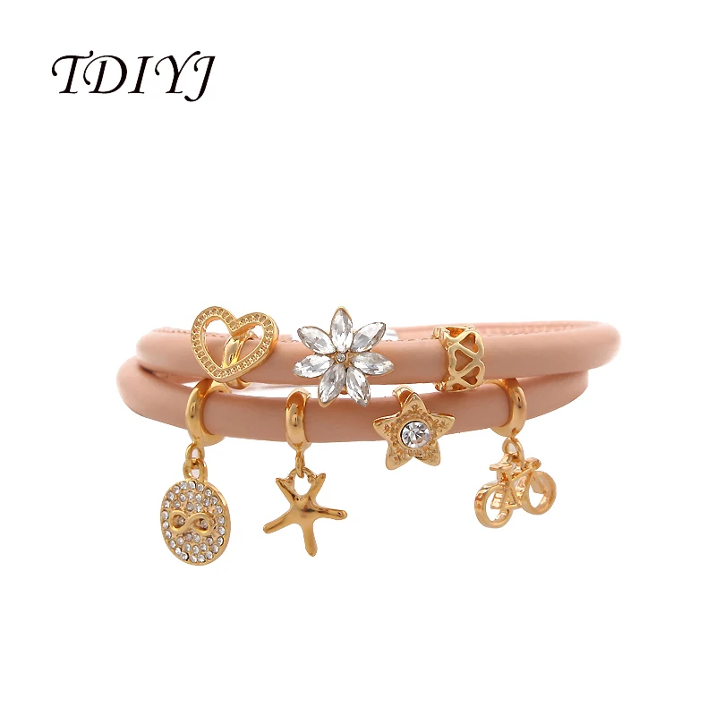 TDIYJ New Design Pink Champagne Story Bracelet with 7pcs Gold Sparkling Charms 40cm Double Layer Genuine Leather |