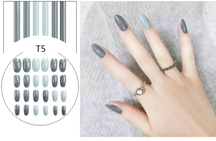 5 Миндаль поддельные ногти сплошной цвет прыжок Цвет Diy Дизайн ногтей 10 стиль средней длины наконечник аксессуар 24 шт серый поддельные ногти с клеем - Цвет: 5